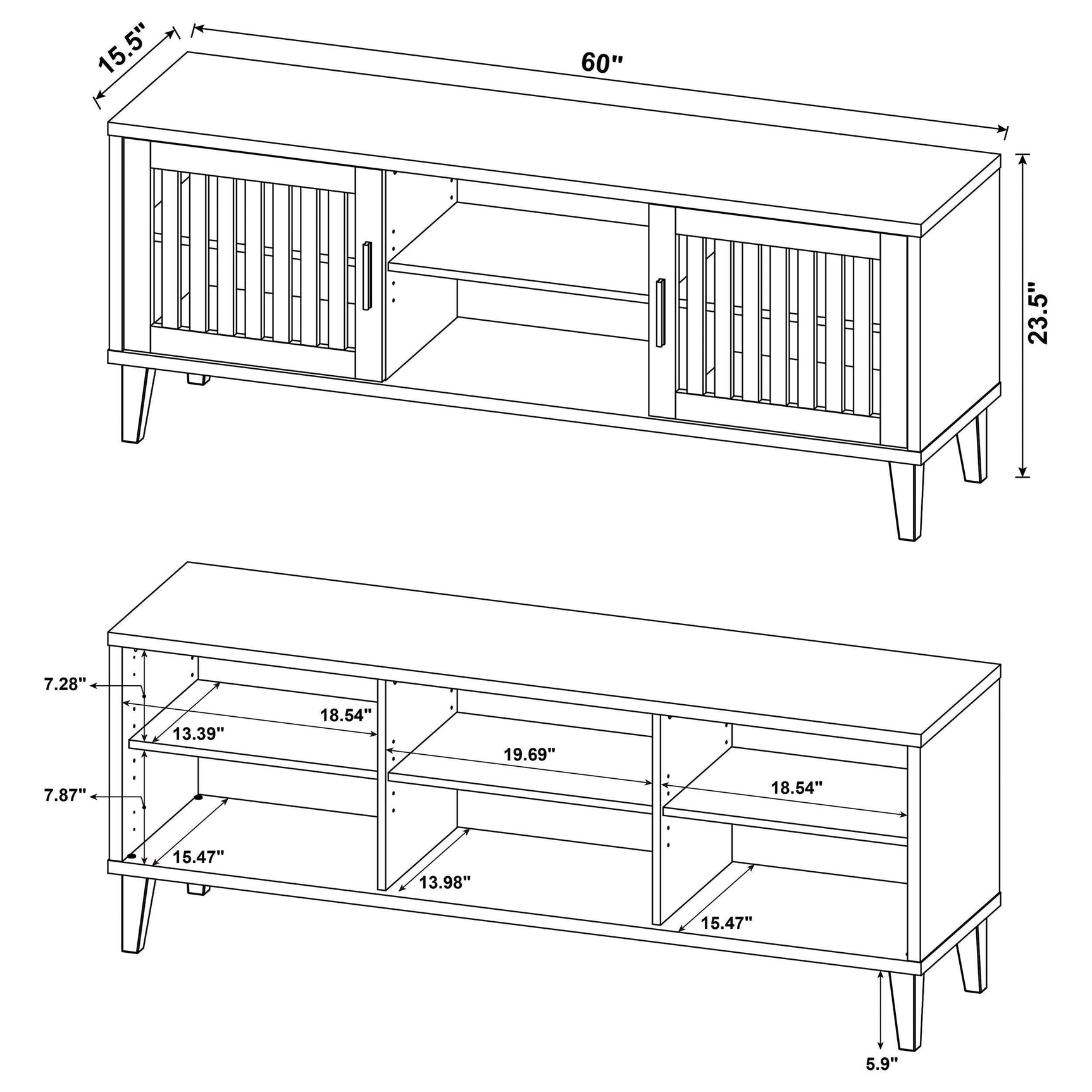 Sedona 2-door 60-inch engineered wood TV stand in dark pine, angled view