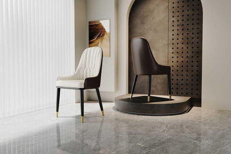 Serapion dining chair side view with curved diamond back