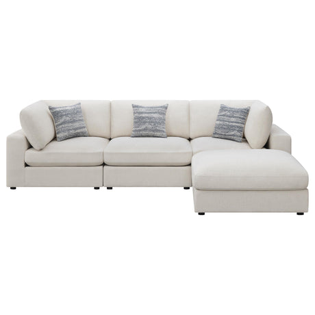 Close-up detail of beige linen upholstery on Serene sectional sofa