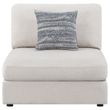 Serene beige upholstered armless chair side view