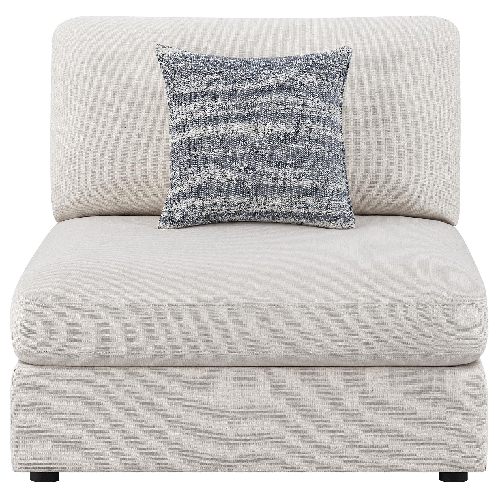Serene beige upholstered armless chair side view