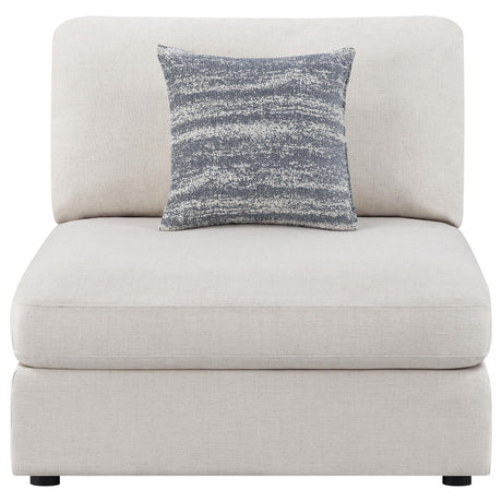 Serene beige upholstered armless chair side view