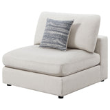 Serene beige upholstered armless chair close-up cushion detail