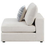 Serene beige upholstered armless chair back view