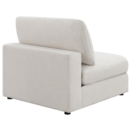 Serene beige upholstered armless chair showing plastic leveler feet