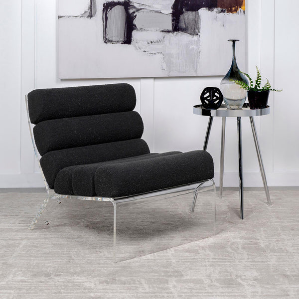 Side view of Serreta Boucle Armless Accent Chair showing clear acrylic frame