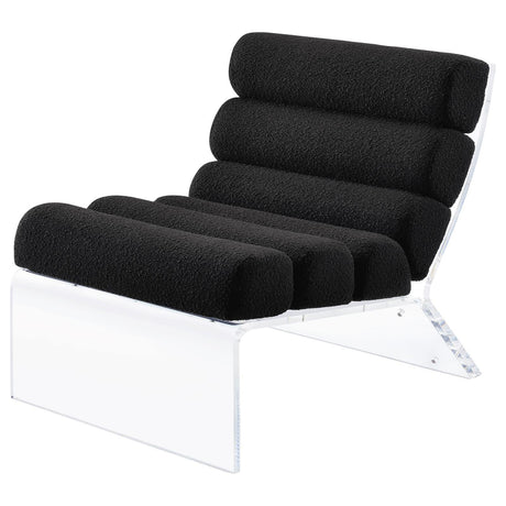Detail of clear acrylic frame and feet on Serreta Boucle Accent Chair