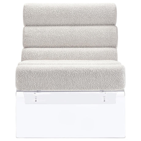 Close-up of ivory bouclé upholstery and horizontal channeling on Serreta Accent Chair