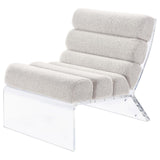 Clear acrylic frame and feet of Serreta Boucle Upholstered Armless Accent Chair in ivory