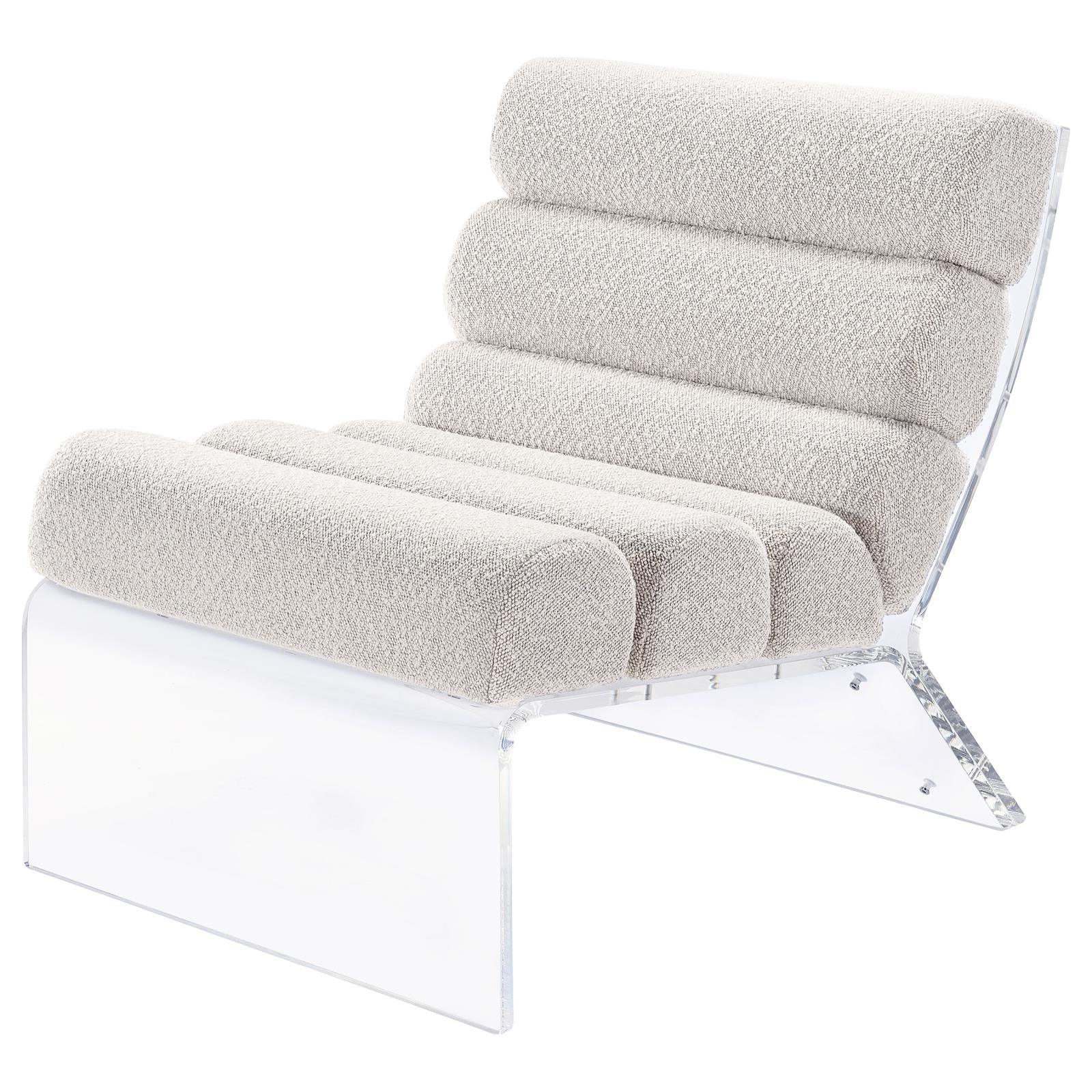 Clear acrylic frame and feet of Serreta Boucle Upholstered Armless Accent Chair in ivory