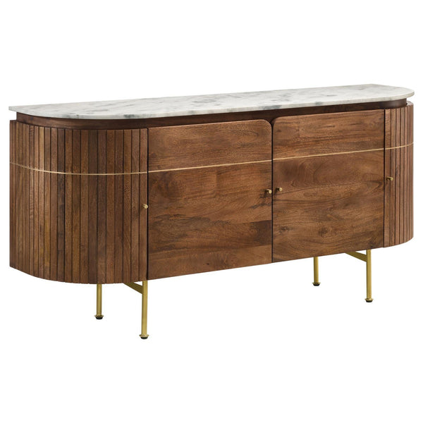 Ortega marble top server, side view highlighting brass inlay