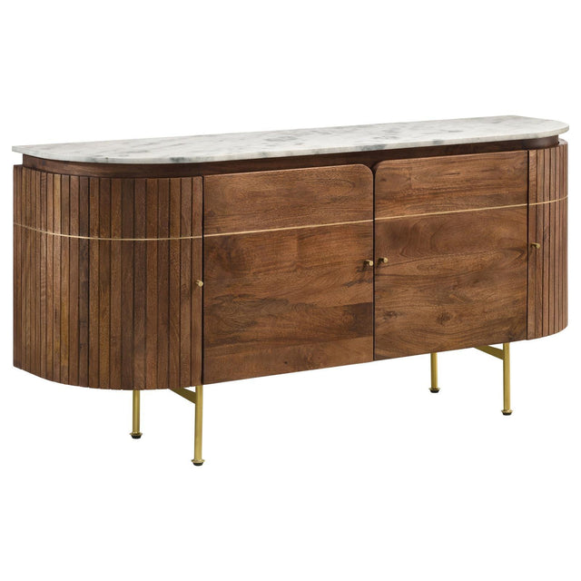 Ortega marble top server, side view highlighting brass inlay