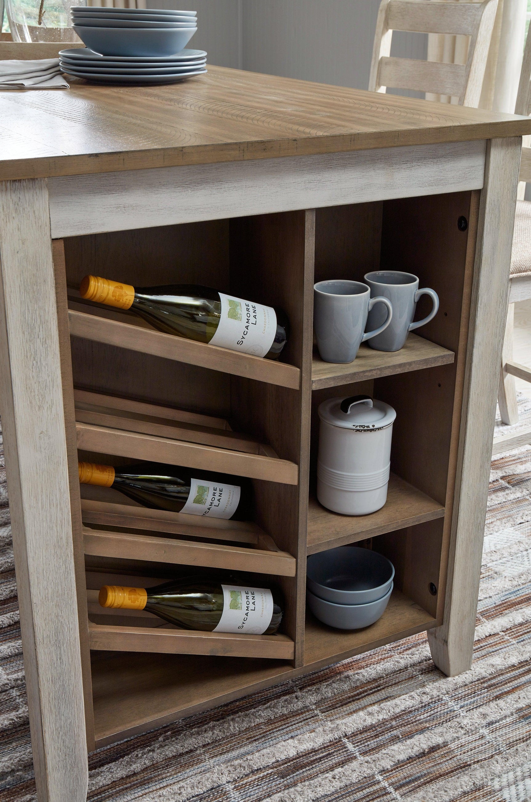 Dining Table Side Shelf and 8-Bottle Wine Rack Storage Detail