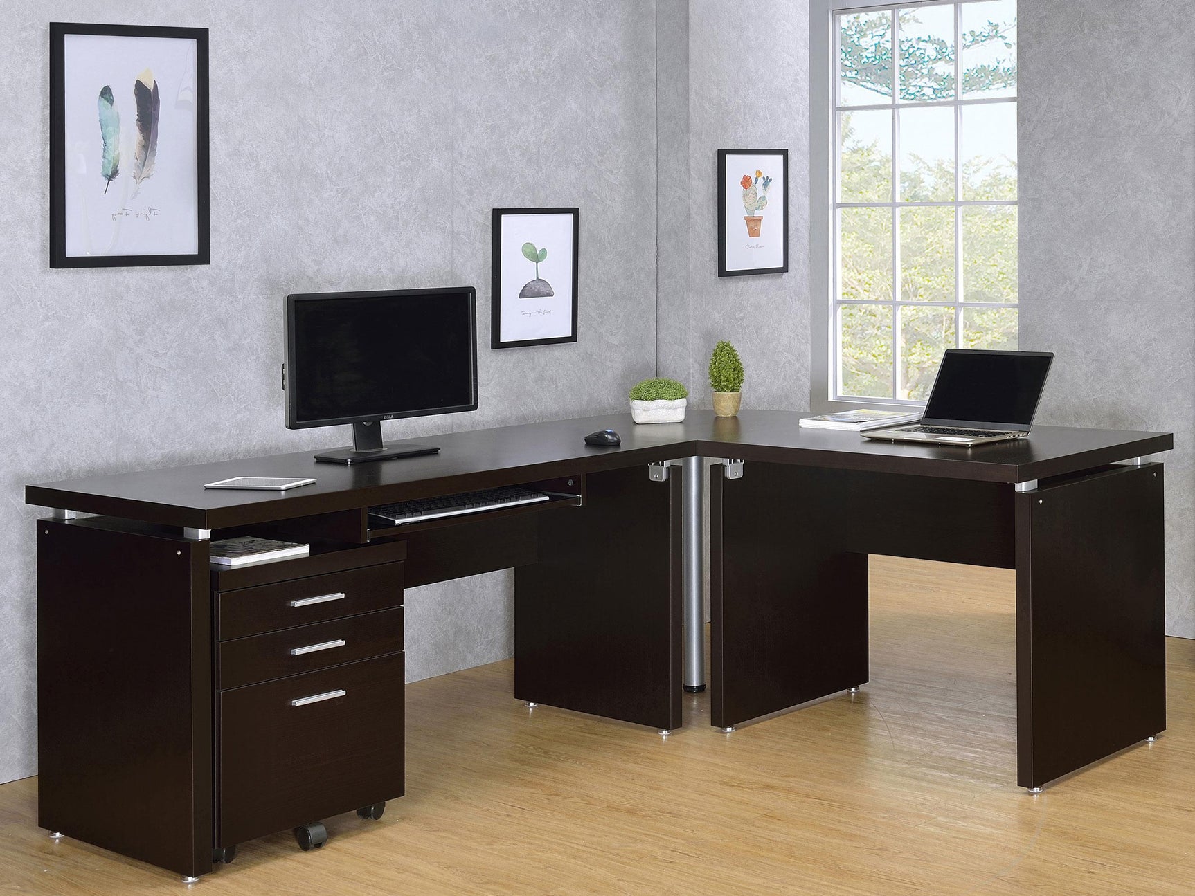 Skylar L-shaped desk showing keyboard tray and leg detail