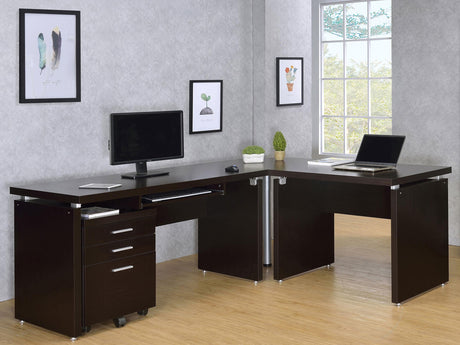 Skylar L-shaped desk showing keyboard tray and leg detail