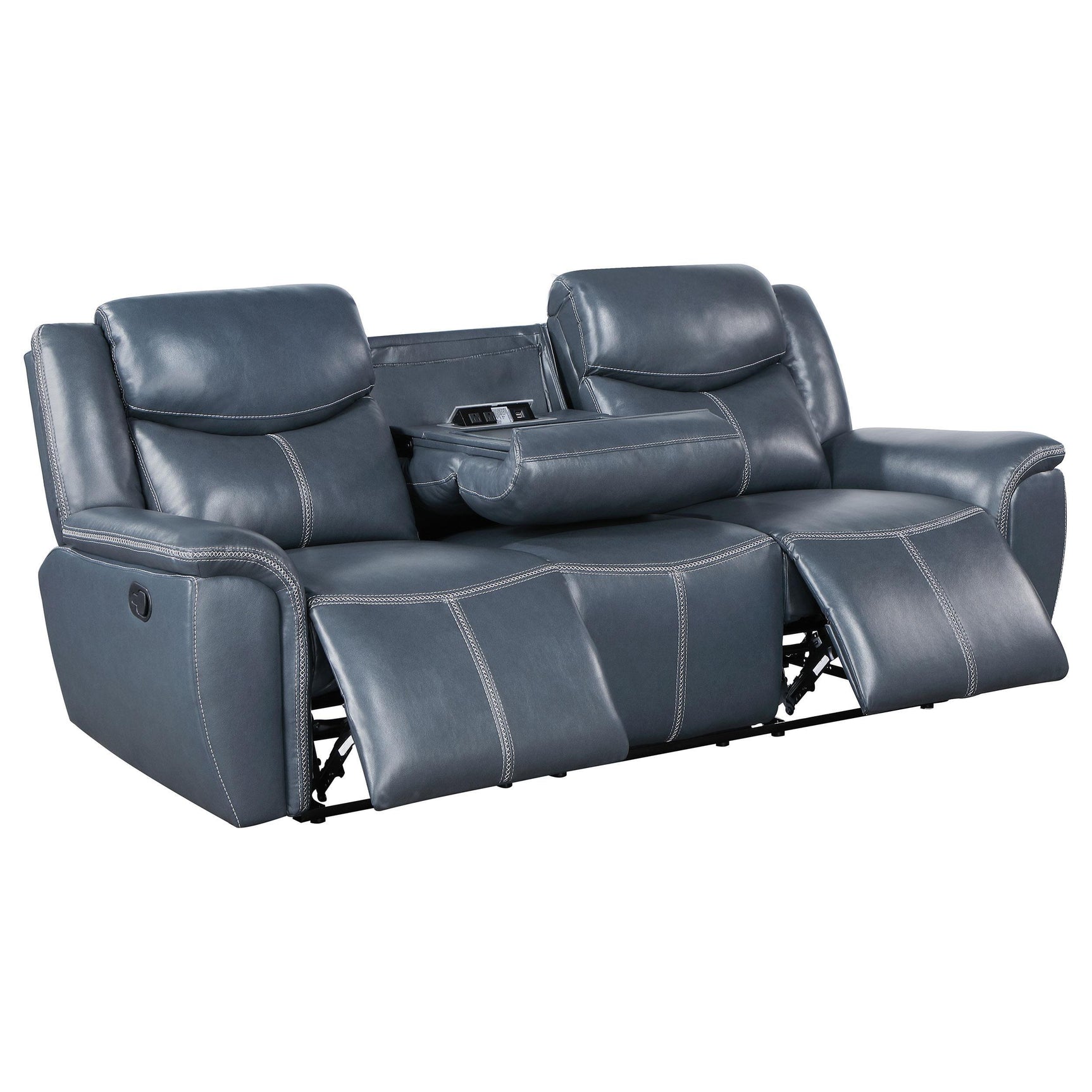 Close-up of sofa blue upholstery and reclining mechanism