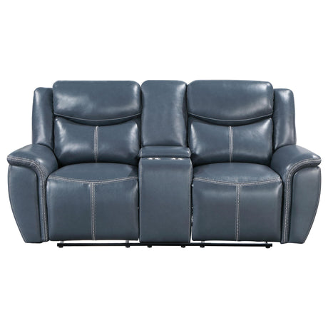 Sloane 2-piece blue upholstered reclining sofa set with console