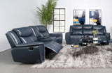 Blue upholstered reclining sofa with drop-down console