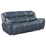 Blue upholstered reclining loveseat, side view