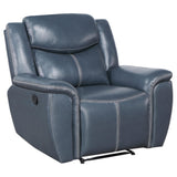 Side profile of blue recliner