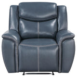 Close-up of blue leatherette upholstery on Sloane recliner