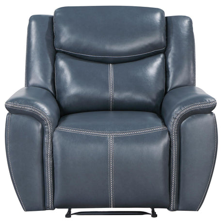 Close-up of blue leatherette upholstery on Sloane recliner