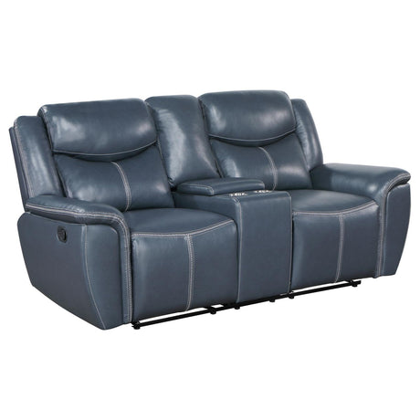 Sloane blue upholstered manual motion reclining loveseat with console angled view