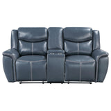 Back view of Sloane blue upholstered motion reclining loveseat