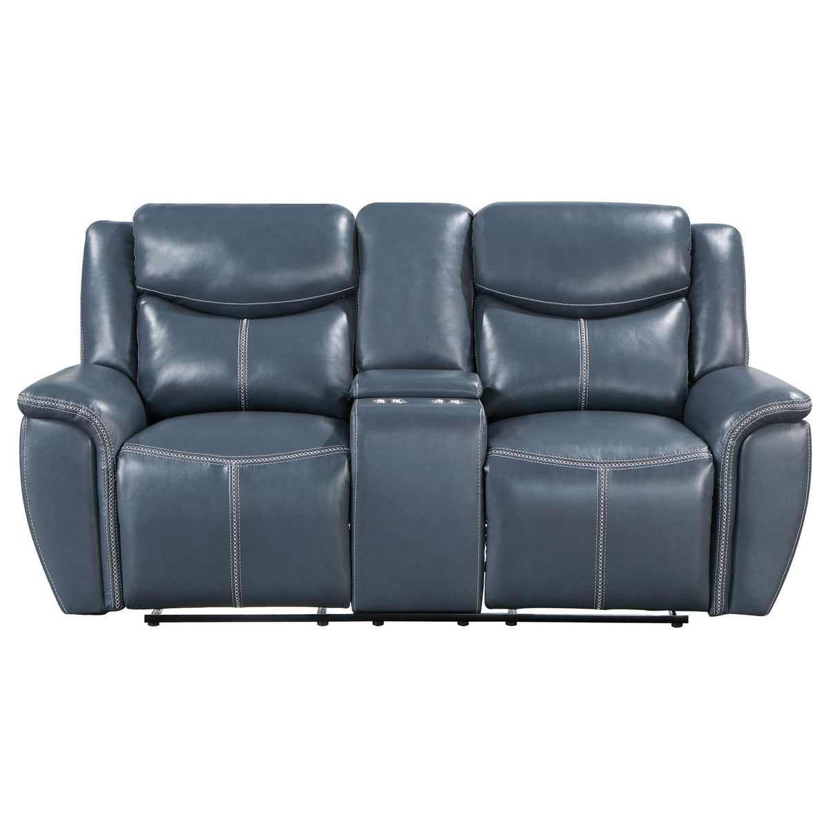 Back view of Sloane blue upholstered motion reclining loveseat