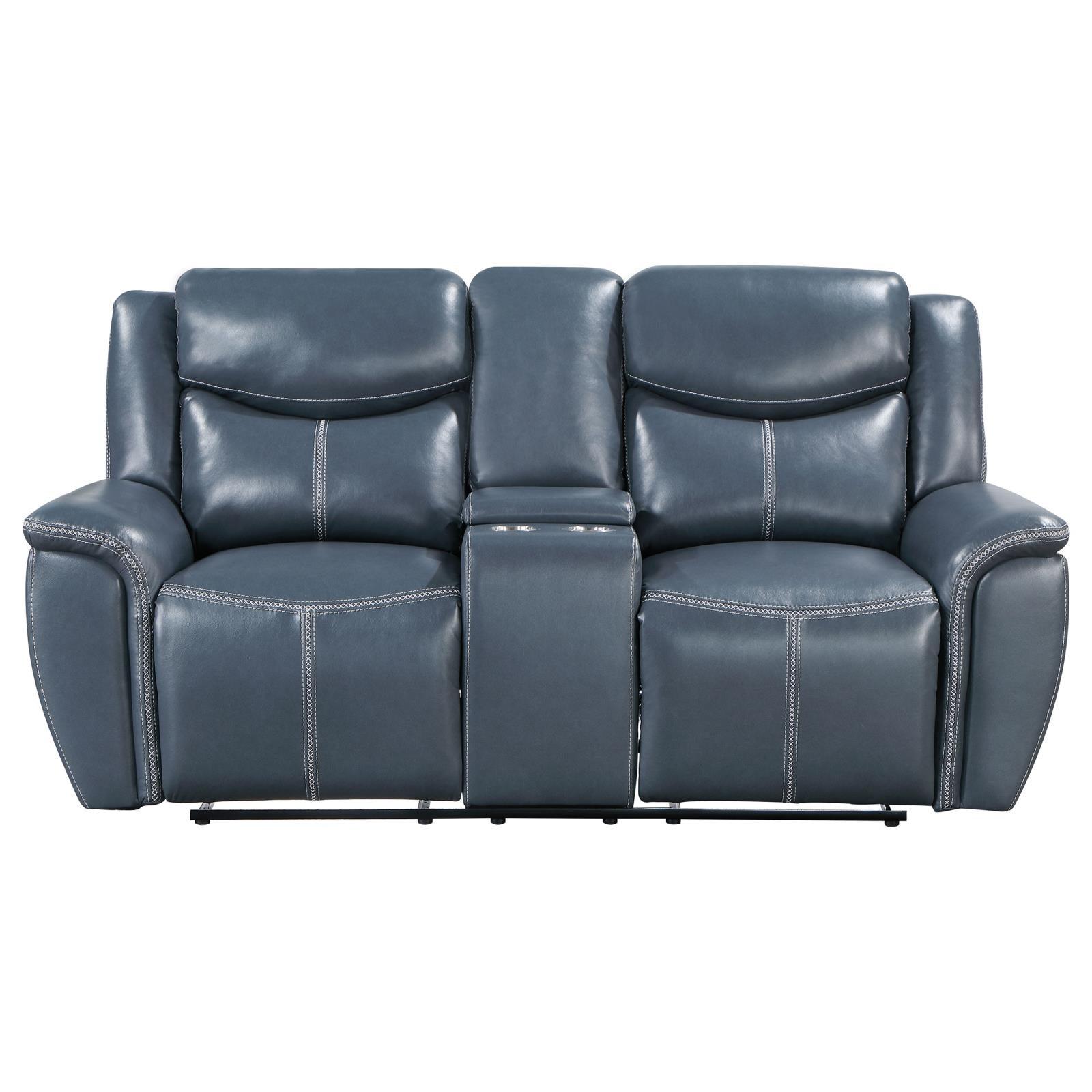 Back view of Sloane blue upholstered motion reclining loveseat