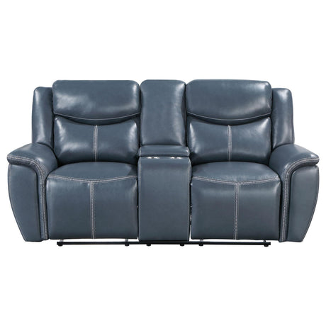 Back view of Sloane blue upholstered motion reclining loveseat