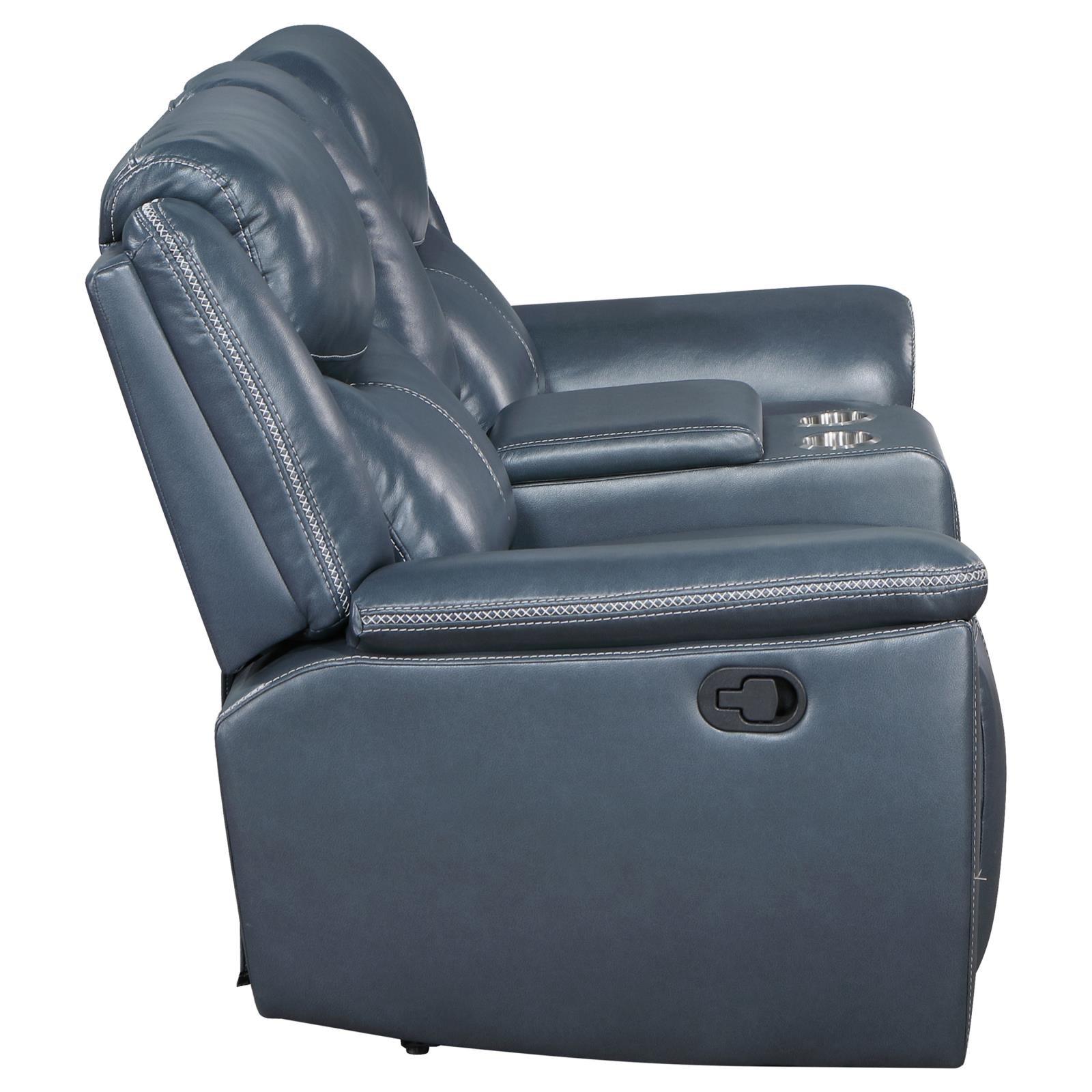 Close-up of blue leatherette upholstery and stitching on loveseat