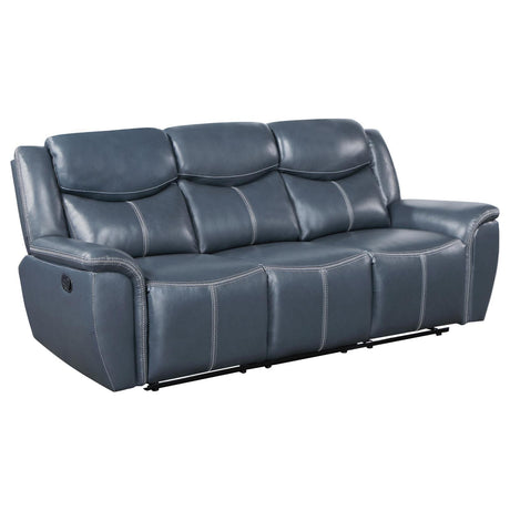 Sloane blue upholstered reclining sofa with drop-down table side angle