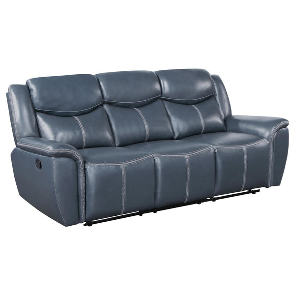 Sloane blue upholstered reclining sofa with drop-down table side angle