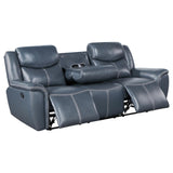 Close-up of blue leatherette upholstery on Sloane reclining sofa