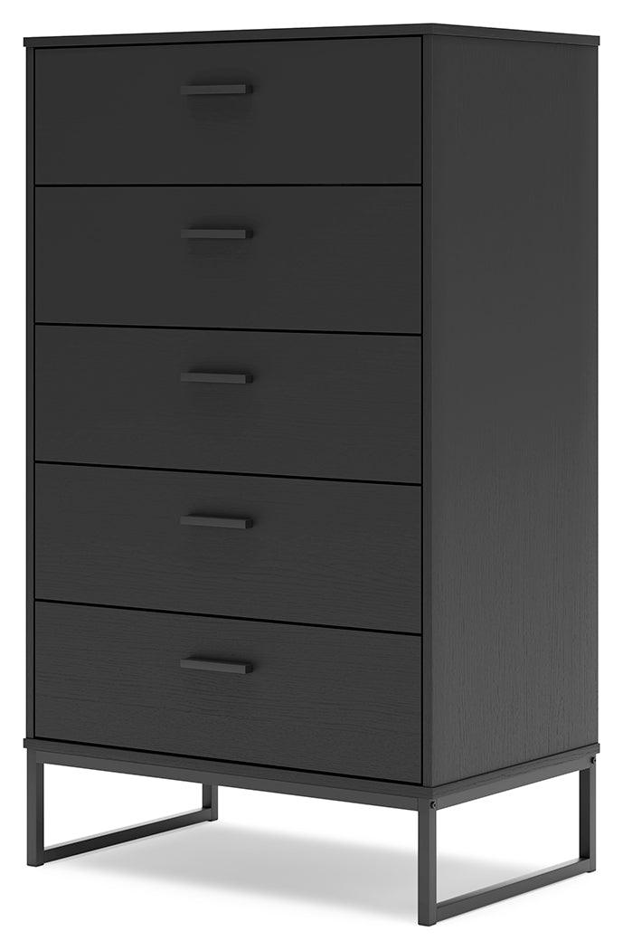 Close-up of matte black drawer with pewter-tone pull