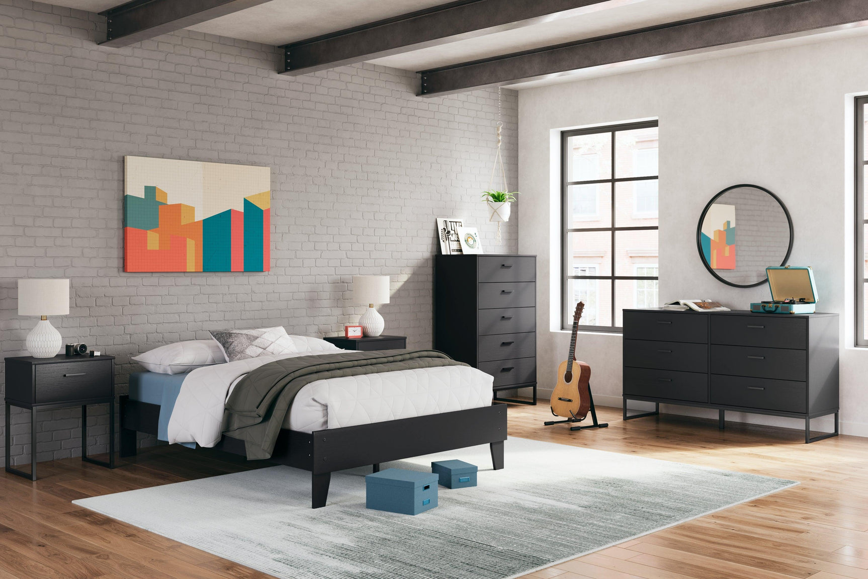 Socalle Black Full Platform Bed with mattress setup