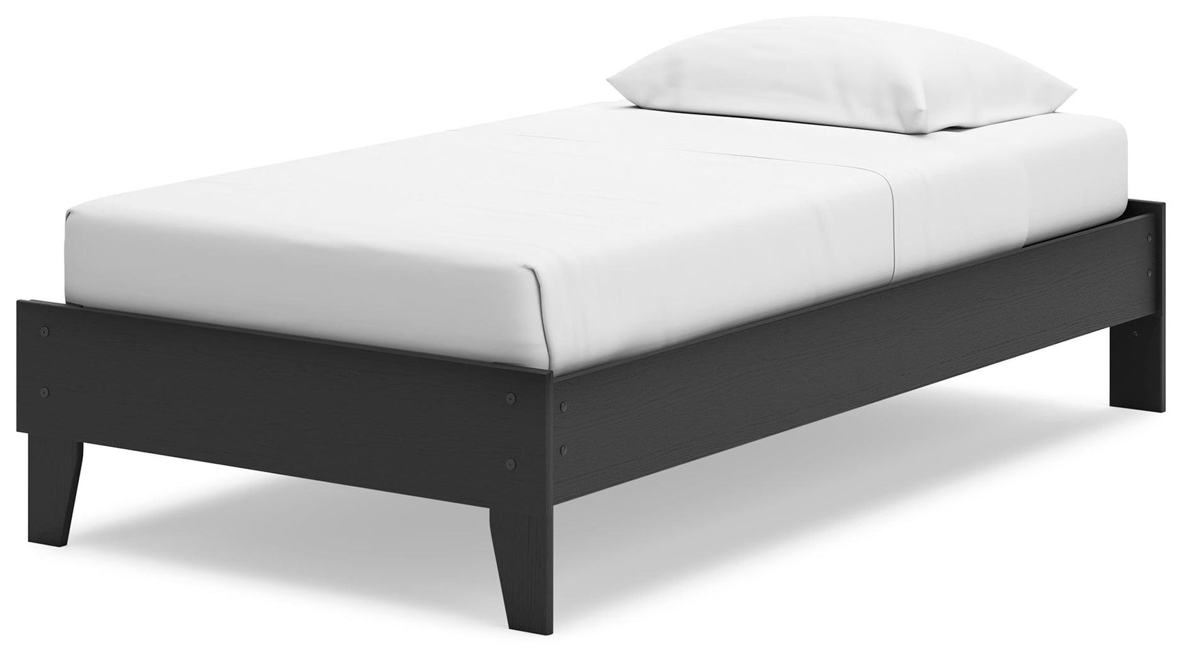 Socalle black twin platform bed showing mattress fit