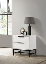 Side view of Sonora white 2-drawer nightstand bedside table