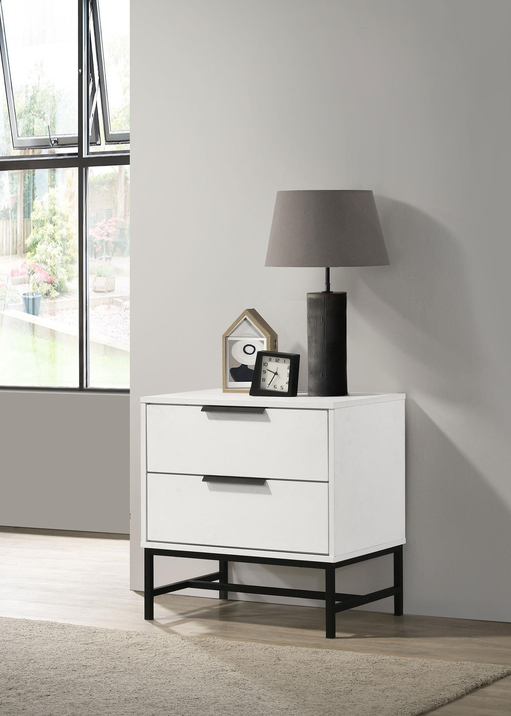 Side view of Sonora white 2-drawer nightstand bedside table