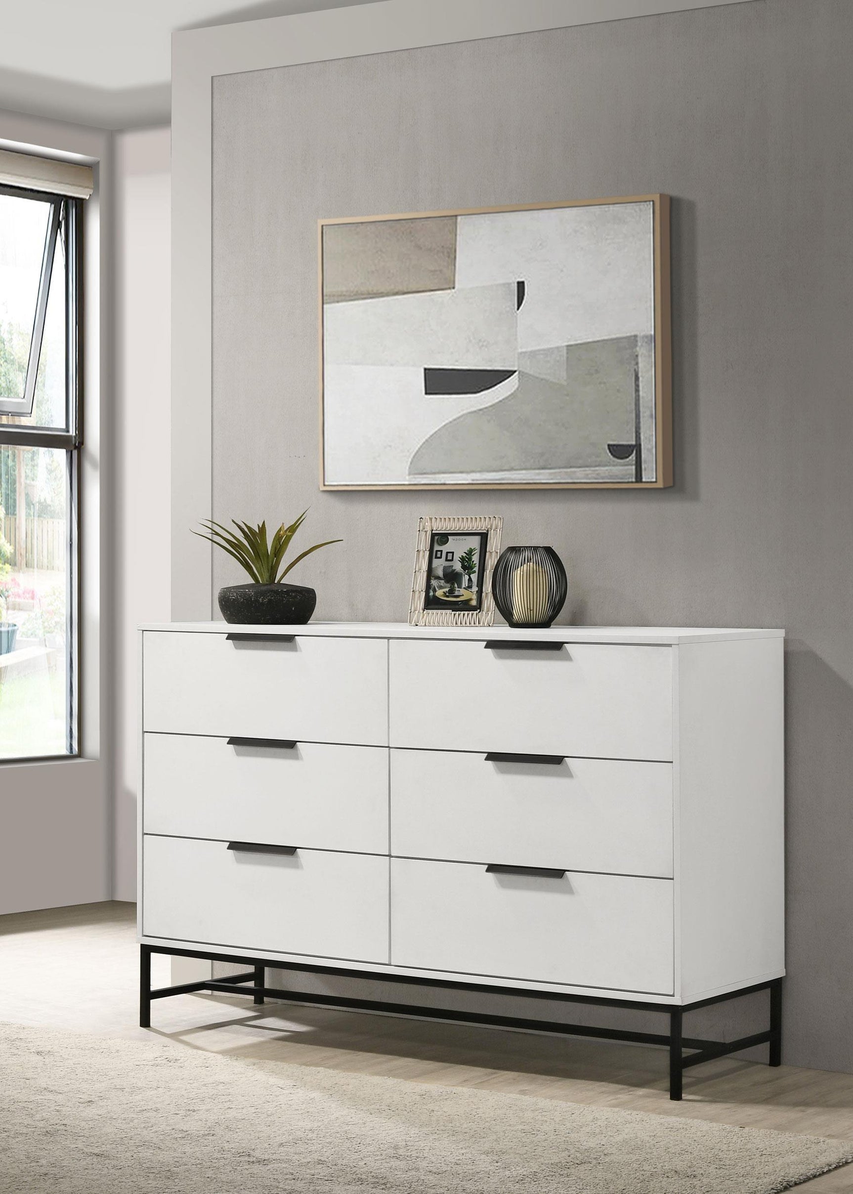 Side angle of Sonora 6-drawer white bedroom dresser