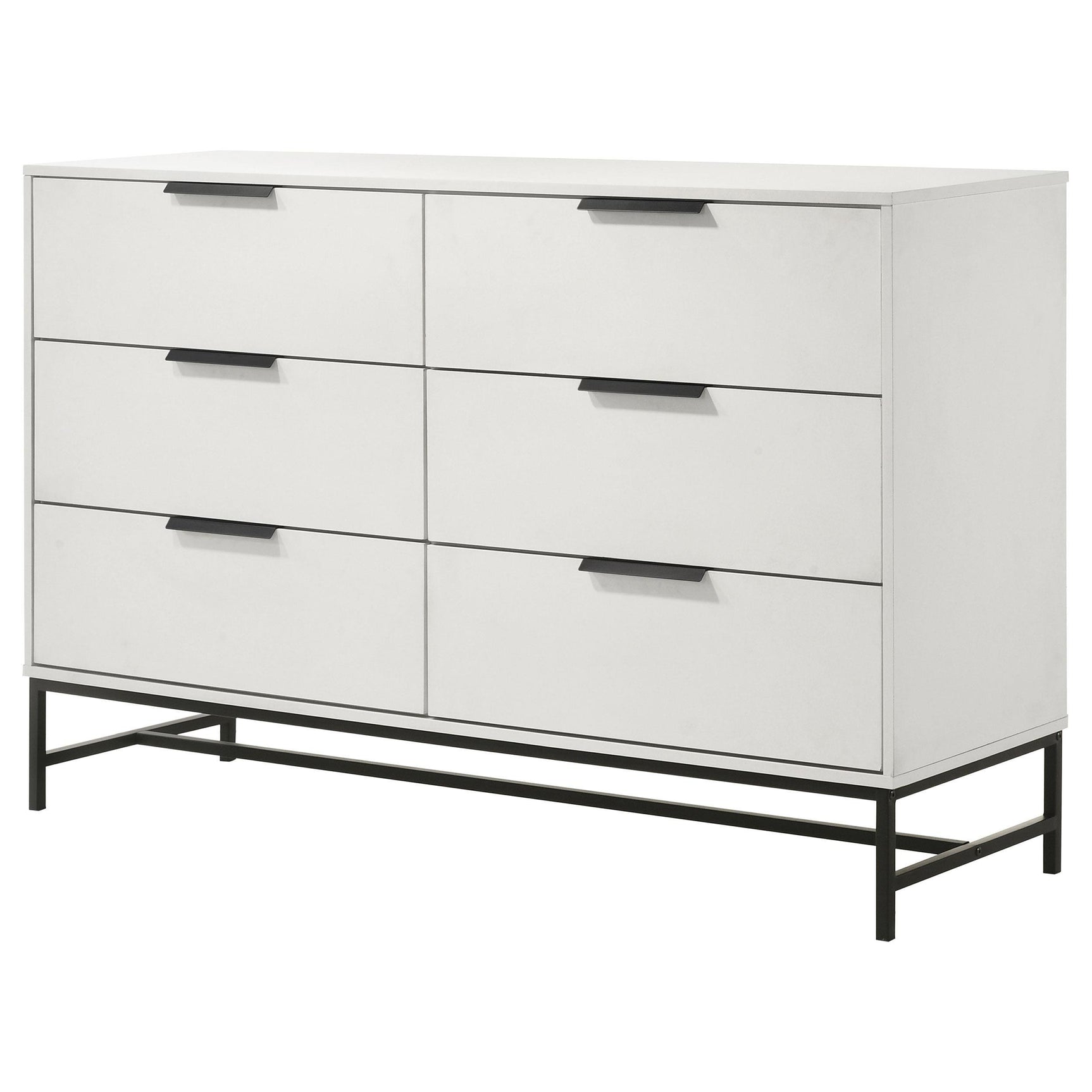 Close-up of black bar pull handles on Sonora dresser