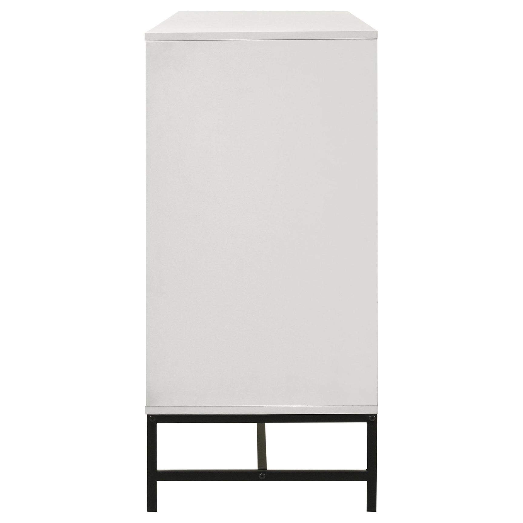 Black metal base supporting Sonora white dresser