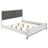 Detailed view of white leatherette upholstered headboard