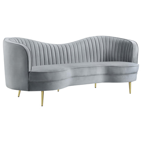 Side view of Sophia 3-piece grey upholstered channel tufted sofa set