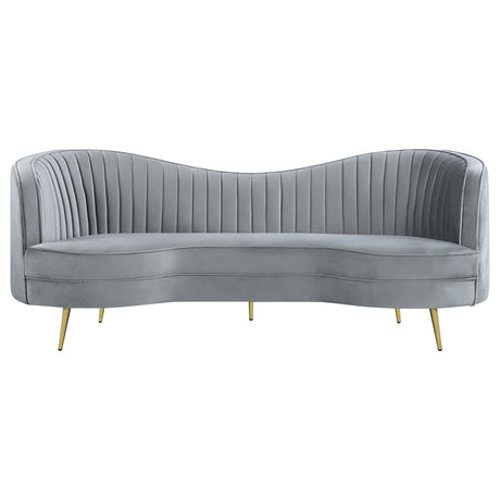 Detail of channel tufted velvet upholstery on Sophia sofa set