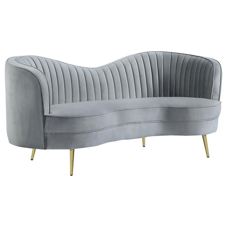 Side angle of grey upholstered Sophia sofa set