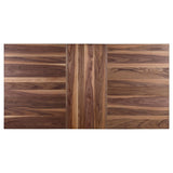 close-up of walnut veneer table top and espresso-finished chair frame