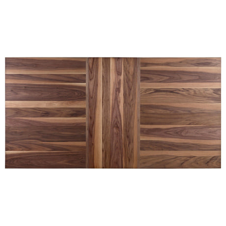 close-up of walnut veneer table top and espresso-finished chair frame