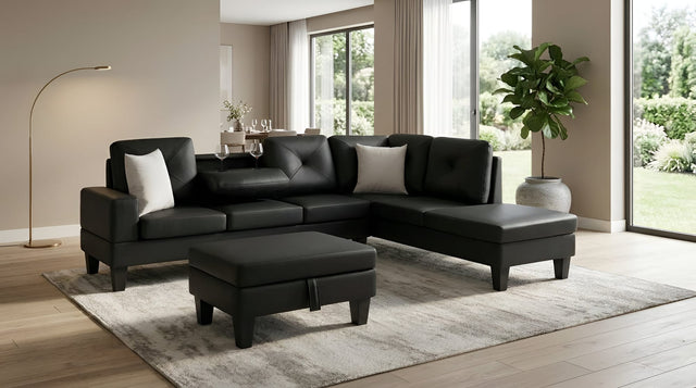 Star Black PU Sectional with Drop-Down Console and Storage Ottoman from Decor Furniture